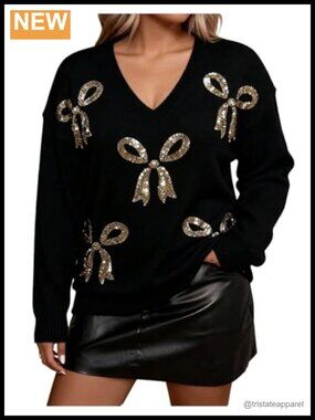 Plus Size Bow Sequin Baggy V-Neck Long Sleeve Pullover Sweater